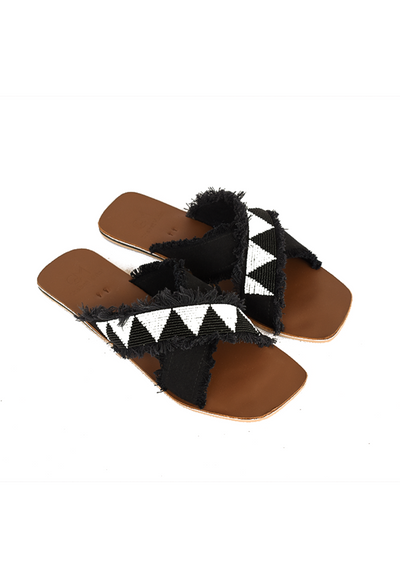 Naks beaded on denim leather sandals