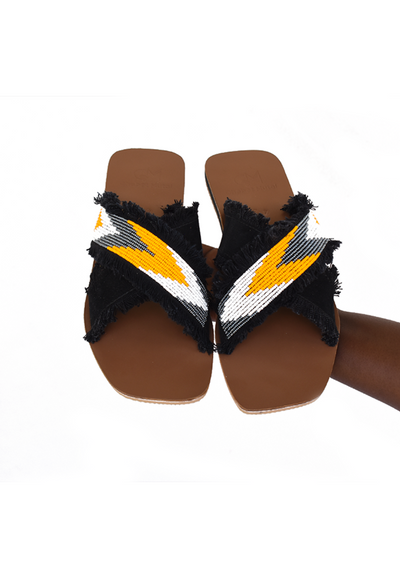 Nai beaded on denim leather sandals