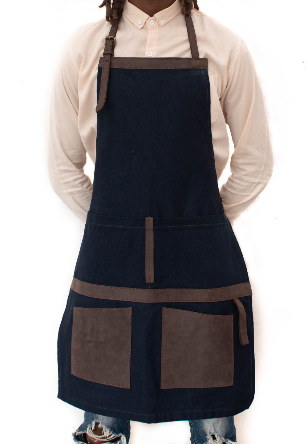 Ejutan Canvas Apron - Black with brown pockets