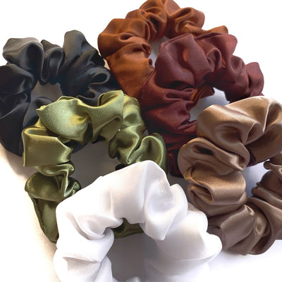Dolce Cocoa Olive Toffee White & Black Silk Scrunchies