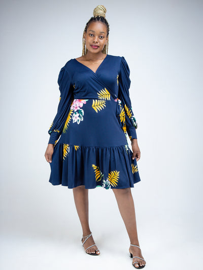 Faux Wrap Dress - Navy Blue Floral